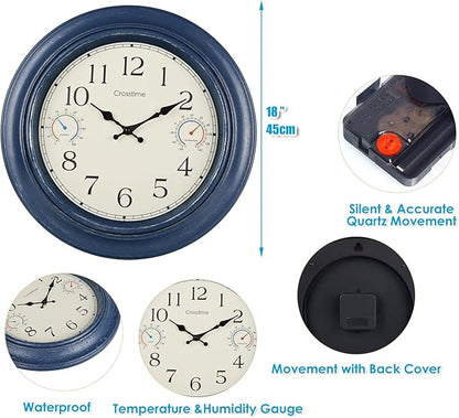 Crosstime 18 Inch Large Outdoor Wall Clock Waterproof with Thermometer & Hygrometer Combo – Vintage Farmhouse Weather Station for Patio, Pool, Garden, Backyard – Blue