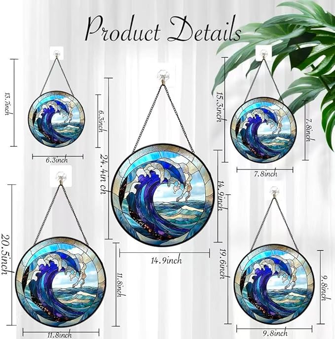 Stained Glass Window Hanging - Huge Waves and Turbulent Seas 6.3 Inches Suncatcher for Garden Home Decor for Women Mon Grandma Friends