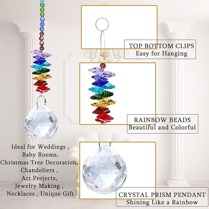 JULMELON 8 Pieces Colorful Crystals Suncatcher Hanging for Window, Rainbow Octogon Chakra Pendants Suncatchers with Crystals Beads Chain for Home Garden Christmas Day Party Wedding Decoration