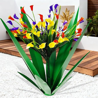 DDQ Metal Agave Plant Outdoor Decor with Artificial Flowers, Mexican Style Garden Sculpture, Waterproof Yard Art for Patio Lawn, Multiple Flower Options (Green Agave + Sunflower/Red/Yellow/Purple)