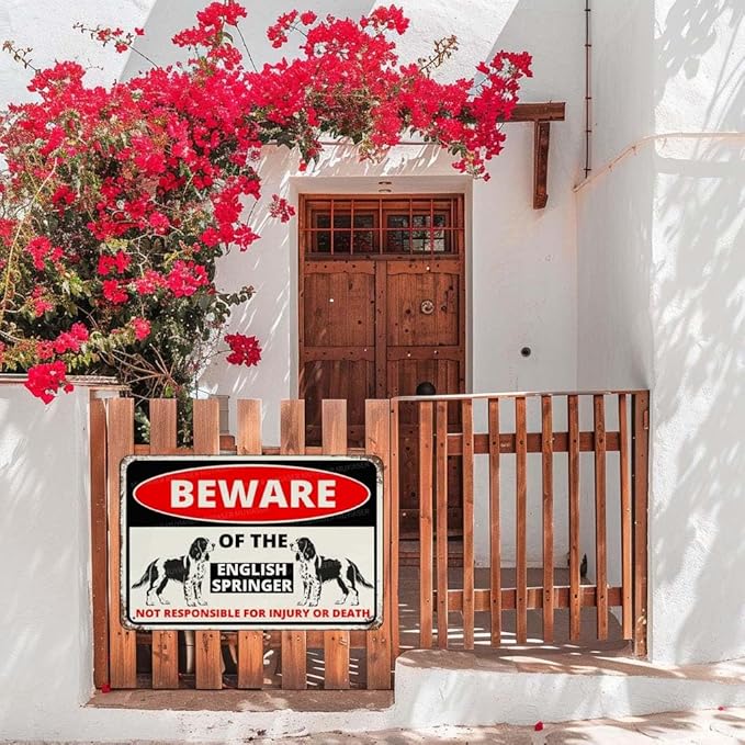 Beware Of The Dog English Springer Sign Aluminum Metal Tin Signs Outdoor Yard Sign Warning Sign For Fence Yard Home Kitchen Farm Garden Wall Decor 8x12 Inch