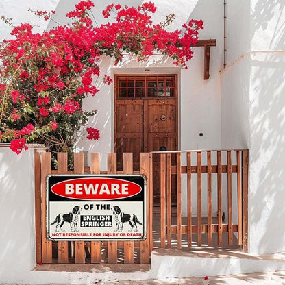 Beware Of The Dog English Springer Sign Aluminum Metal Tin Signs Outdoor Yard Sign Warning Sign For Fence Yard Home Kitchen Farm Garden Wall Decor 8x12 Inch