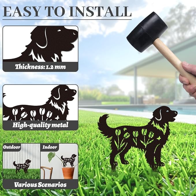WADORN 2Pcs Golden Retriever Metal Decorative Garden Stakes, Retriever Dog Silhouette Metal Outdoor Statues Flowers Garden Ornament Gifts Black Yard Art Decorations for Outdoor Patio Backyard Walkway