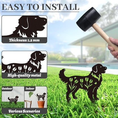 WADORN 2Pcs Golden Retriever Metal Decorative Garden Stakes, Retriever Dog Silhouette Metal Outdoor Statues Flowers Garden Ornament Gifts Black Yard Art Decorations for Outdoor Patio Backyard Walkway