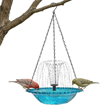Hanging Solar Bird Bath Fountain - Outdoor Hanging Bird Bath with Solars Pump & Glass Bowl for Patio Yard Decor (Blue)