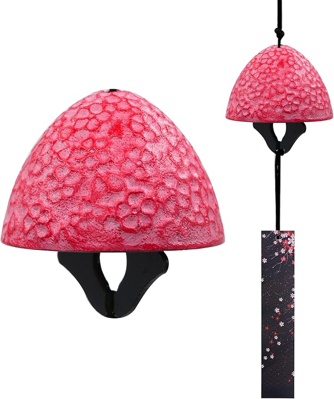 Japanese Wind Chime Cast-Iron Outdoor Ornament for Garden, Patio & Balcony, Hanging Metal Wind-Bell Decoration Gift, Blessing Pendant Windchimes & PVC Wind-Catcher, Cherry Blossom