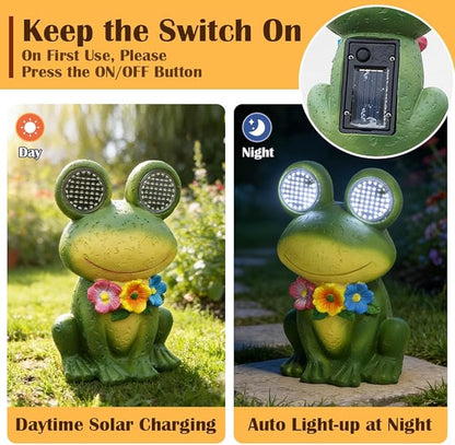 Solar Garden Statue with LED Lights, Dynamic Blinking Lights and Flowers, Outdoor Garden Figurine for Patio Porch Lawn Backyard Decor, Housewarming Gifts for Women (Frog)