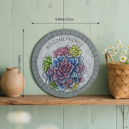 Landoraloria Cement Garden Stepping Stones Outdoor 10” Round Welcome Path Stones with Succulent Design, Outdoor Yard & Patio Decor Hand-Painted Cactus Welcome Sign