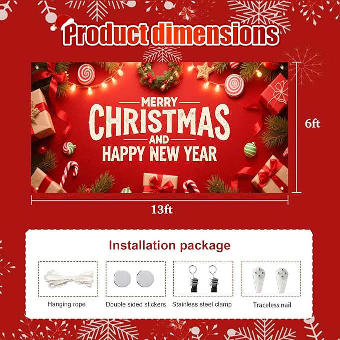 HOMETITUTE Christmas Garage Door Banner 13x6ft Merry Christmas Happy New Year Red Theme Backdrop Decor Banners for Outside Indoor Winter Door Cover Garage Wall Covering for Party Garage Decorations