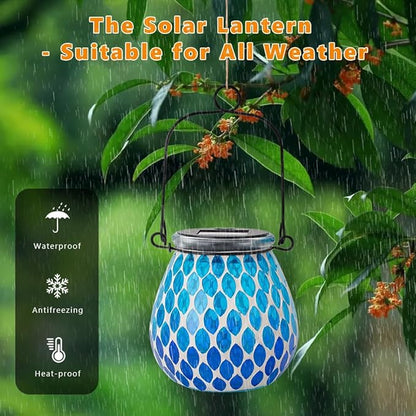 Starsoul 4 Pack Solar Lanterns Outdoor Waterproof, Elegant Blue Glass Mosaic Solar Lantern, Solar Hanging Lights Outside Patio Porch Yard Decor