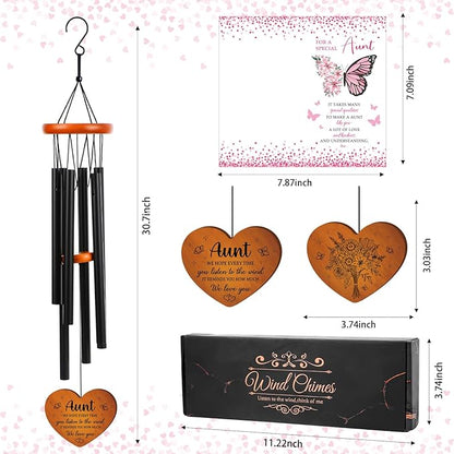 Aunt Gifts Wind Chimes for Outside - Metal Windchime with Wooden Pendant, Greeting Card & Black Box - Unique Birthday for Auntie from Niece Nephew, Garden Hanging Decor