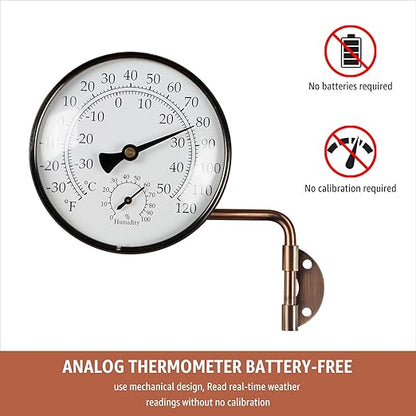 4-Inch Brass Analog Outdoor Thermometer & Humidity Gauge - Easy Install Battery-Free Wall Mount, Window Readable for Patio Garden Garage