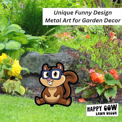 Garden Outdoor Small Metal Art 7"x 6" Weather Resistant Lawn Ornaments Sturdy Stakes Yard Sign Decoration for Patio (Chipmunk with Glasses)