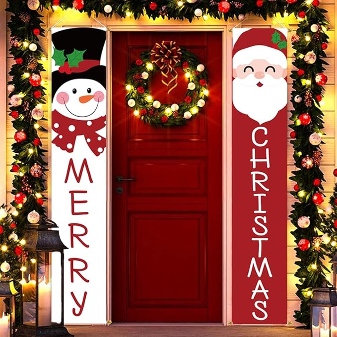 Ivenf Christmas 2pc Outdoor Yard Banner, Red White Santa Snowman, Merry Decorations, Sturdy Poles, Hanging, Front Porch, Home, Indoor Outdoor, Garage Door, 71x13 inches