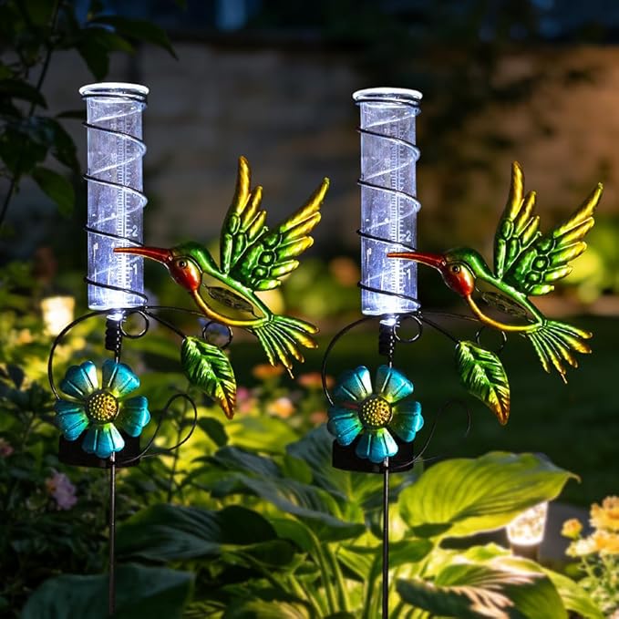 2PS Hummingbird Rain Gauge Outdoor,Solar Powered LED Lights Decorative Rain Gauge with 5 Inch Glass Tube for Yard,Garden,Patio,Lawn