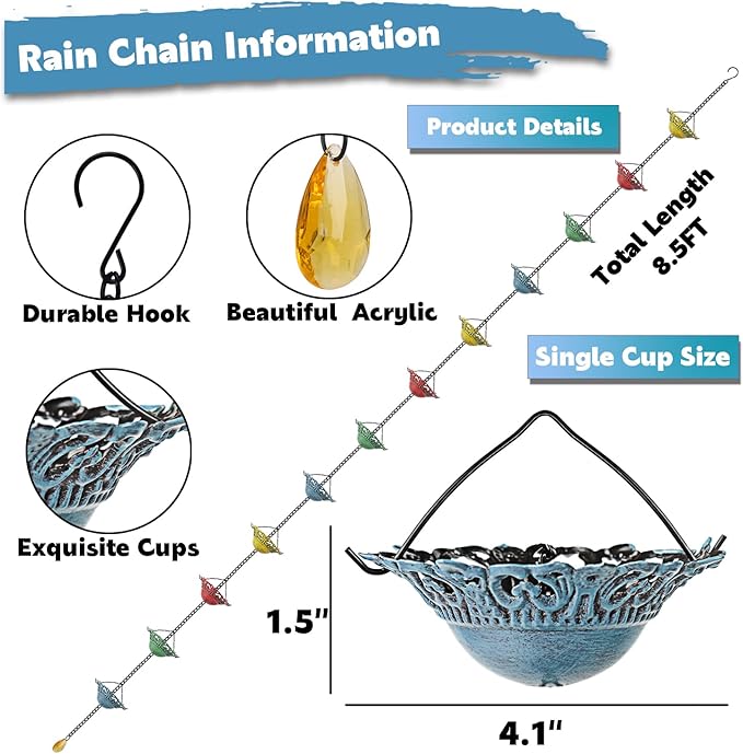 Tfro & Cile Rain Chain Gutter Downspout Colorful Catcher Outside Water Diverter Decorative Garden Rain Cups Chime Home Decor - 8 1/2 Ft Length