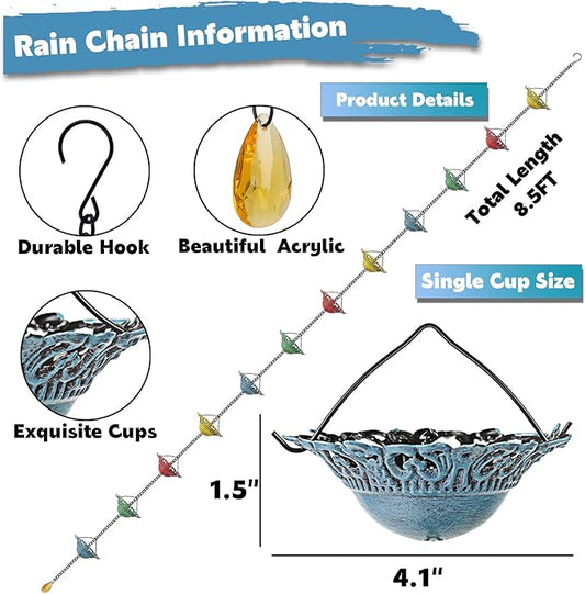 Tfro & Cile Rain Chain Gutter Downspout Colorful Catcher Outside Water Diverter Decorative Garden Rain Cups Chime Home Decor - 8 1/2 Ft Length