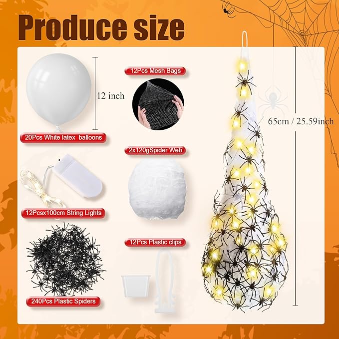 12 Pack Halloween Spider Hanging Egg Sacks Halloween Spider Sacks Decoration Large Props White Webs for Yard Haunted House Lawn Tree Outdoor Party Decor(Yellow)