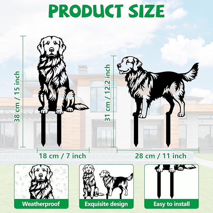 GLOBLELAND 2 Pcs Golden Retriever Mental Garden Stakes Black Silhouette Dog Decorative Yard Stakes Trees Metal Outdoor Art Decor for Yard Patio Lawn Walkway Ornament