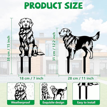 GLOBLELAND 2 Pcs Golden Retriever Mental Garden Stakes Black Silhouette Dog Decorative Yard Stakes Trees Metal Outdoor Art Decor for Yard Patio Lawn Walkway Ornament
