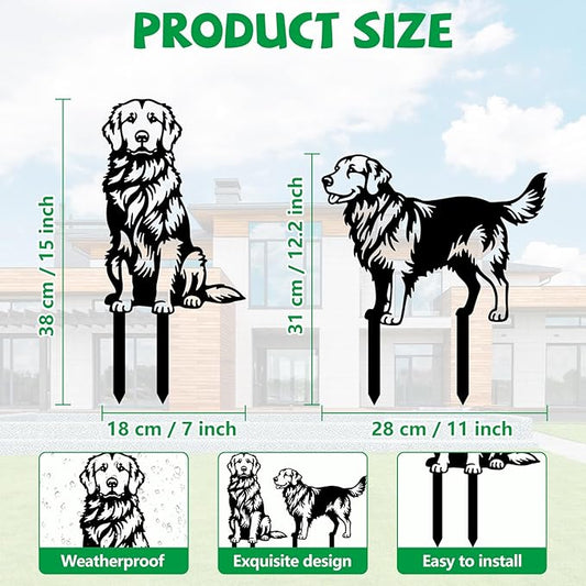 GLOBLELAND 2 Pcs Golden Retriever Mental Garden Stakes Black Silhouette Dog Decorative Yard Stakes Trees Metal Outdoor Art Decor for Yard Patio Lawn Walkway Ornament