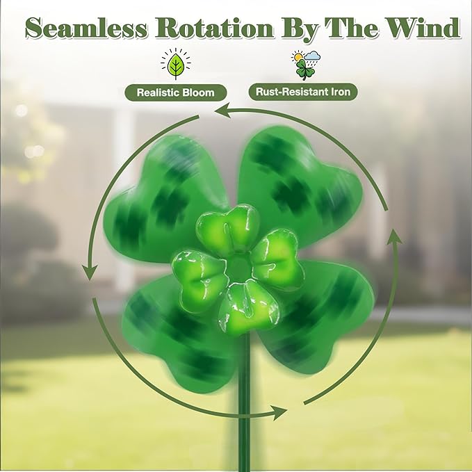 4pcs Clover Yard Wind Spinners Outdoor Decoration Stakes Lawn Ornaments, Lawn Decorations Garden Stakes, Metal Outside Decorations for Metal Yard Art Flower Garden Decor, Spring Mom Gifts