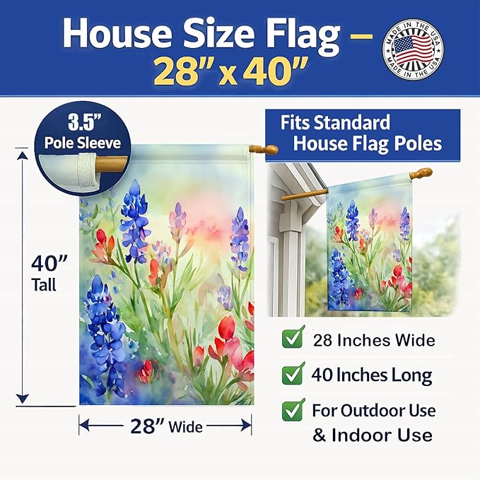 Caroline's Treasures Texas Bluebonnets in Watercolor House Flag Large Porch Sleeve Pole Decorative Outside Yard Banner Artwork Wall Hanging, Polyester, House Size, Multicolor