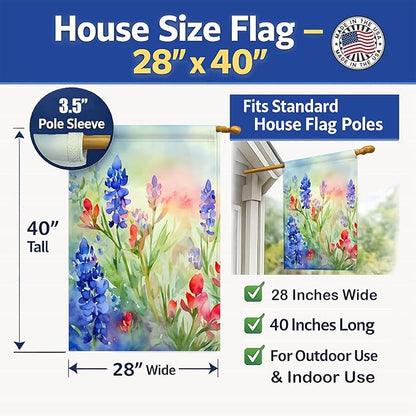Caroline's Treasures Texas Bluebonnets in Watercolor House Flag Large Porch Sleeve Pole Decorative Outside Yard Banner Artwork Wall Hanging, Polyester, House Size, Multicolor