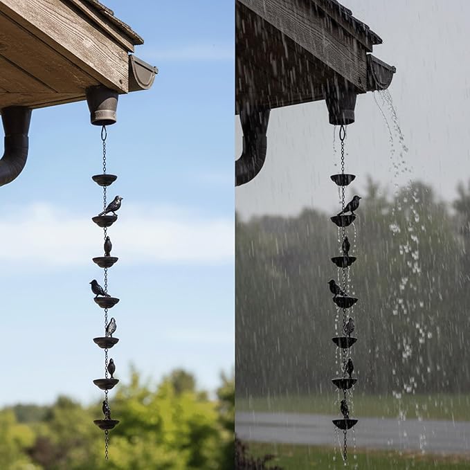 Birds Rain Chain Metal Bird Outdoor Decoration Rainwater Chain for Gutters, 3.28 FT Length with 8 Birds, Durable and Elegant Garden Drainage & Eaves Decor