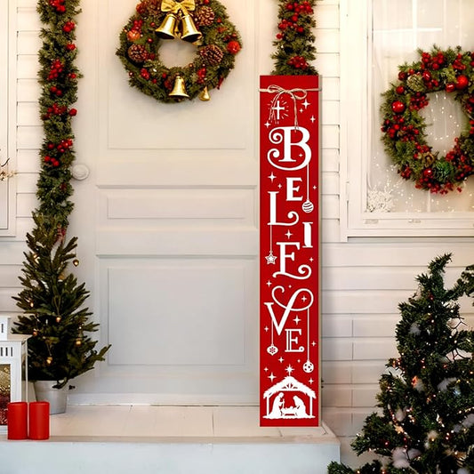 Christmas Porch Sign Believe Nativity Welcome Sign for Front Porch, Red ChristianWood Signs for Patio Jesus Tall Standing Wooden Yard Sign Bless Xmas Decoration for Indoor Outdoor