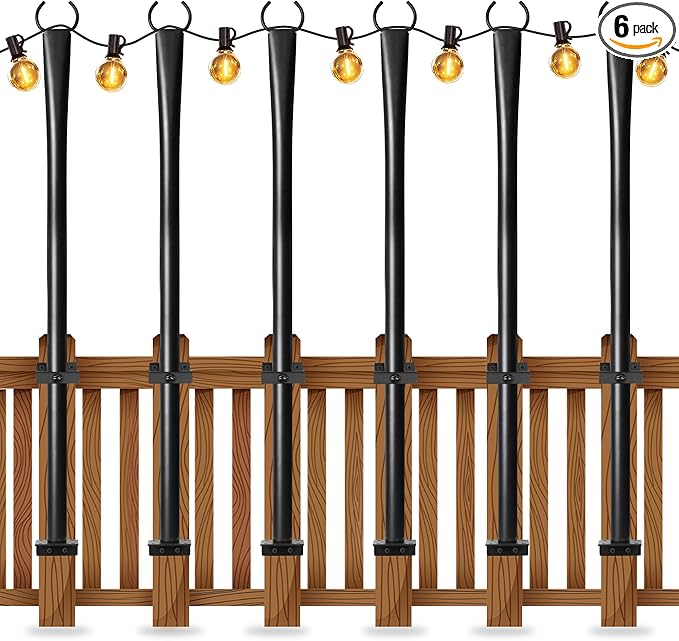 6 Pack String Light Poles for Deck, 5Ft Heavy-Duty Metal Deck Light Poles for Outside with Fixing Clips, Lighting Hanging Post Accessories for Patio Decor Garden Backyard Yard Fence Porch Decorations
