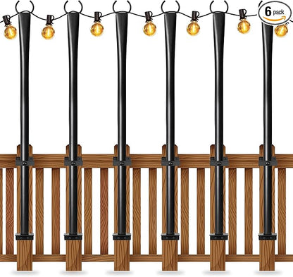 6 Pack String Light Poles for Deck, 5Ft Heavy-Duty Metal Deck Light Poles for Outside with Fixing Clips, Lighting Hanging Post Accessories for Patio Decor Garden Backyard Yard Fence Porch Decorations