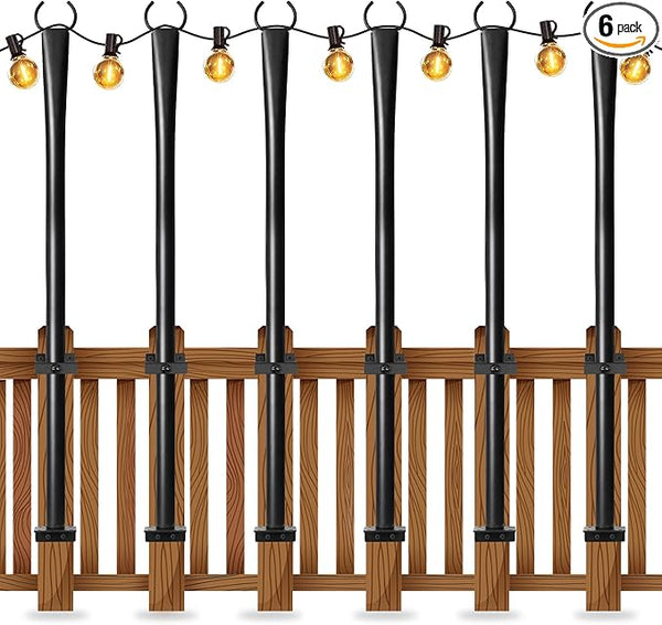 6 Pack String Light Poles for Deck, 5Ft Heavy-Duty Metal Deck Light Poles for Outside with Fixing Clips, Lighting Hanging Post Accessories for Patio Decor Garden Backyard Yard Fence Porch Decorations
