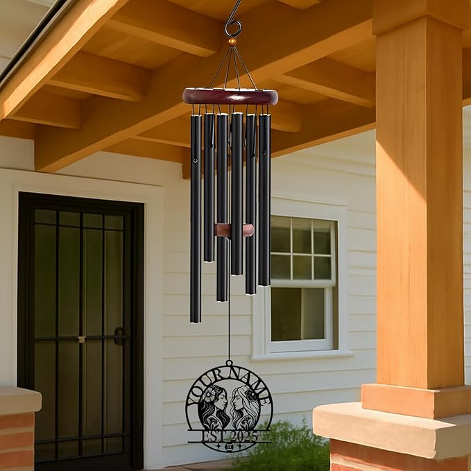 Personalized Customize Name 12 Zodiac Signs Wind Chime, Metal Iron 37 Inch Outdoor Memorial Gift for Garden Yard Patio Home Decor, Black (Gemini)