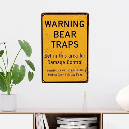 Custom Kraze Warning Bear Traps Montana Reproduction Metal Sign 8 x 12