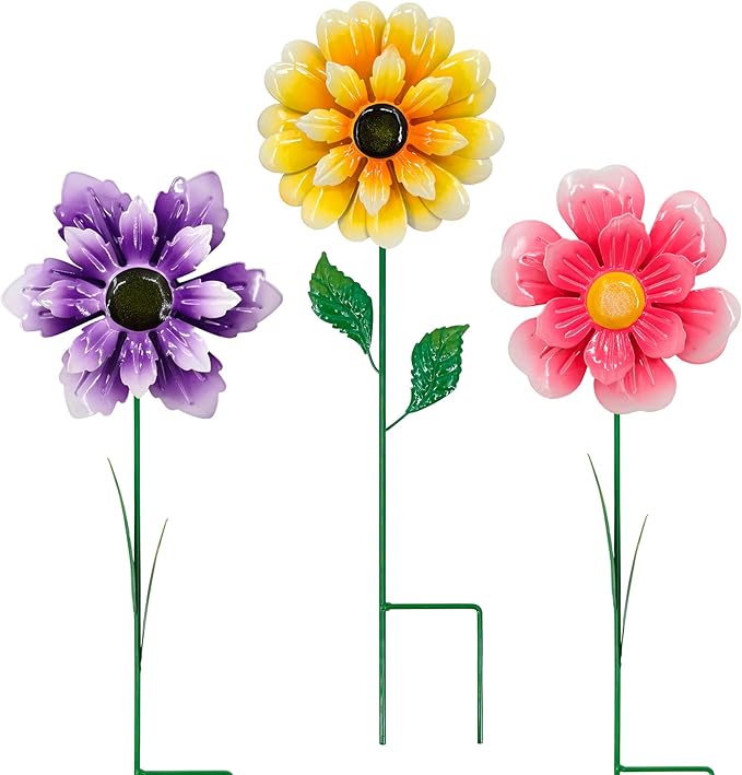 3pcs 18inch Metal Flower Decorative Garden Stakes & Wind Spinner for Outdoor, Colorful Yard Art Garden Decorations for Outside Lawn Porch Pathway Patio.