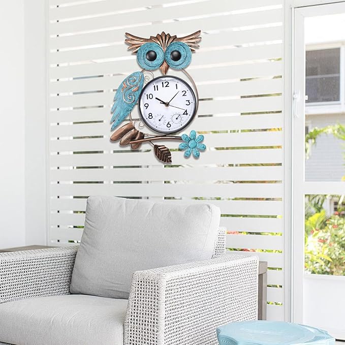 MUMTOP Owl Outdoor Clock Waterproof, 14.56 Inch Outside Wall Clock with Thermometer Combo for Patio Pool Garden Home Decor