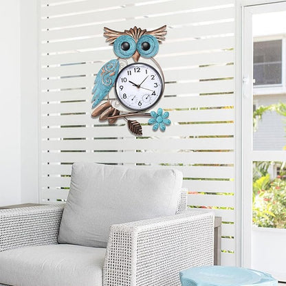 MUMTOP Owl Outdoor Clock Waterproof, 14.56 Inch Outside Wall Clock with Thermometer Combo for Patio Pool Garden Home Decor