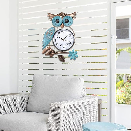 MUMTOP Owl Outdoor Clock Waterproof, 14.56 Inch Outside Wall Clock with Thermometer Combo for Patio Pool Garden Home Decor
