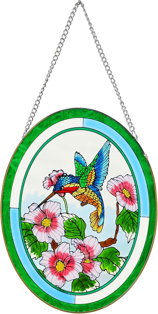 Hummingbird Stained Glass Window Hangings,Suncatcher for Window, Hummingbird and Flowers Hanging Ornament, Stained Glass Panel Home Decorations for Indoor Outdoor