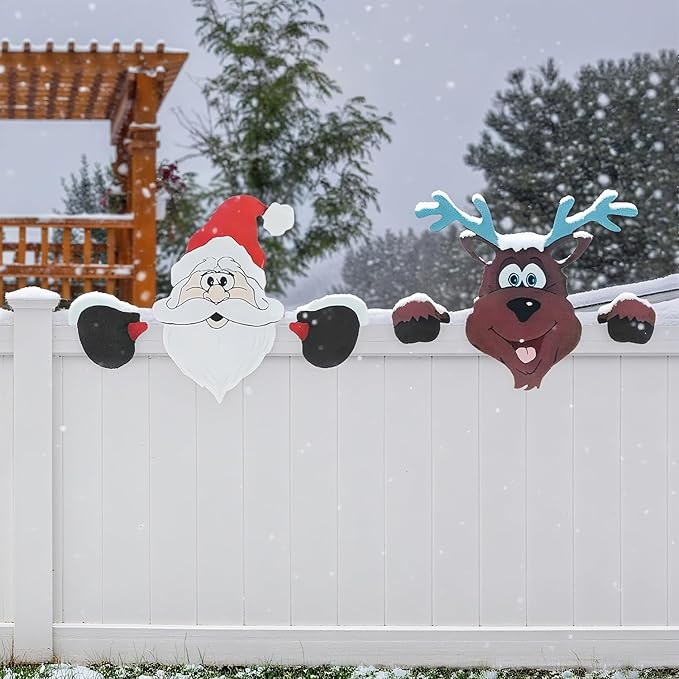 HUYIENO 2pcs Christmas Metal Fence Peeker Decoration Santa & Reindeer Fence Yard Sign Cute Outdoor Christmas Decor for Yards, Patios, Lawn, Pathway, Parking Holiday Decor Art Ornament