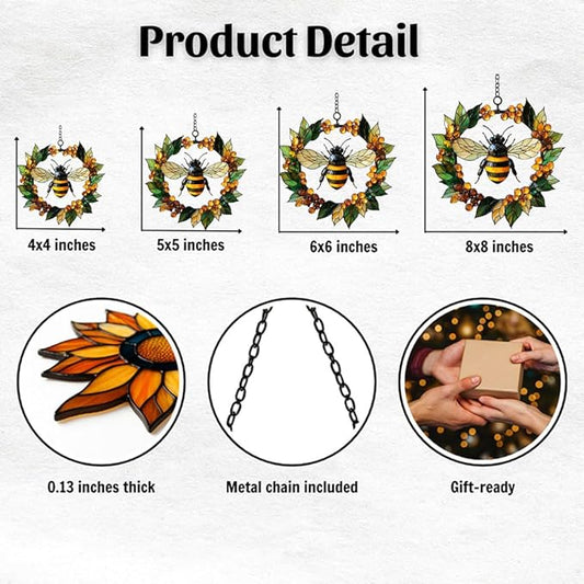 Bee Floral Wreath Acrylic Suncatcher Stained Glass Effect Window Car Hanging Christmas Ornament Indoor Outdoor Decor Garden Sun Catcher Panel for Bee Lover for Women Mom Grandma