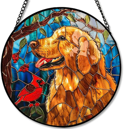 Stained Glass Window Hanging - Golden Retriever & Cardinal Bird 9.8in Sun Catchers Indoor Stained Glass Panels Wall Decor for Mom, Wife, Lovers, Festive