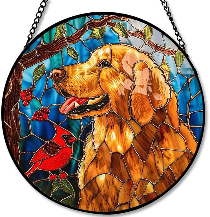 Stained Glass Window Hanging - Golden Retriever & Cardinal Bird 6.3in Sun Catchers Indoor Stained Glass Panels Wall Decor for Mom, Wife, Lovers, Festive