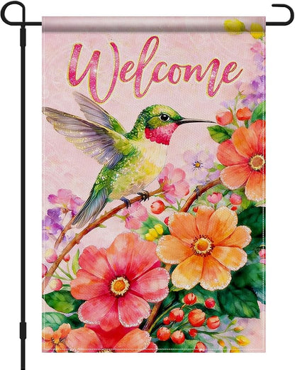 IVN Hummingbird Welcome Garden Flag 12x18 Inch – Spring Summer Floral Outdoor Flag, Double Sided Burlap Yard Flag for Porch Lawn Patio Decor