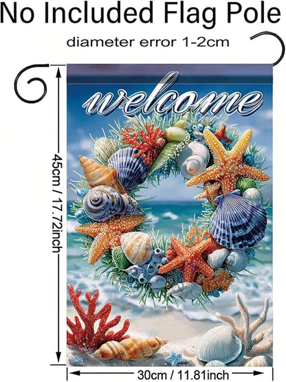Spring Summer Garden Flag 12x18 Inch Coastal Welcome Seashell Starfish Coral Wreath Ocean Beach Design Outdoor Yard Porch Lawn for Seasonal Nautical Home Decor