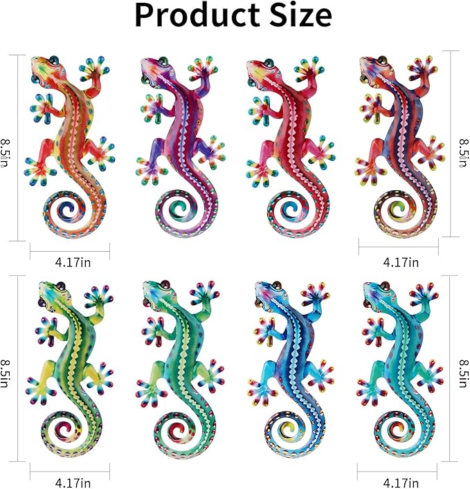 8 Pcs Metal Gecko Wall Art Outdoor Decor Metal Lizards Wall Decor Lizard 4.2 * 8.5 Inch Suitable for Hanging in Yard Garden Patio Fence Home, Idea Gifts for Mom Father Friends