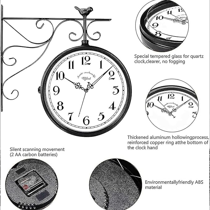 American Iron Vintage Train Station Clock Double Sided Wall Clock, Double Sided Metal Clock, European Antique Silent Double Sided Wall Clock for Patio, Garage, Fence, House, Living Room Art Decoration