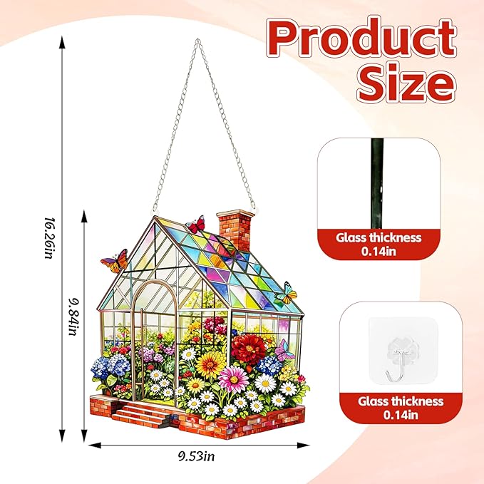 Stained Glass Suncatcher Window Hanging, Marzovitra 10 Inch Greenhouse Garden with Flowers Butterflies, Colorful Floral Real Glass Panel for Home Sunroom Patio Porch Indoor Outdoor Decor Gift Idea