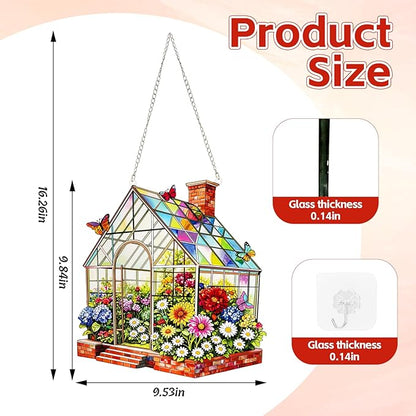 Stained Glass Suncatcher Window Hanging, Marzovitra 10 Inch Greenhouse Garden with Flowers Butterflies, Colorful Floral Real Glass Panel for Home Sunroom Patio Porch Indoor Outdoor Decor Gift Idea